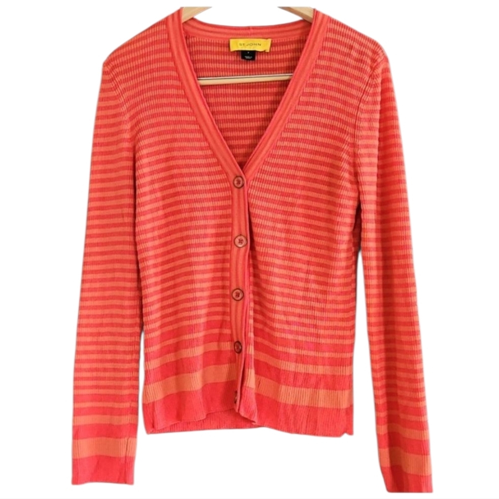 ST. JOHN Ribbed Striped Rayon/Wool Cardigan, Size Small